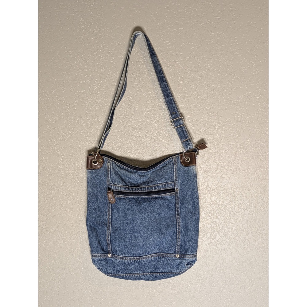 Blue Denim Crossbody Shoulder Bag Brown Trim Front Pocket Casual Everyday Y2K